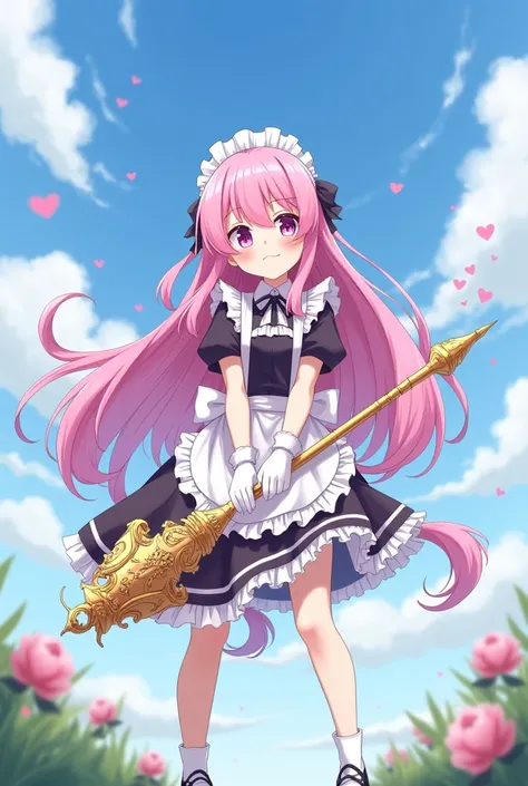 Under the sky，maid，Short skirt，White Gloves，Giant magic wand，Pink long hair anime girl￼￼￼