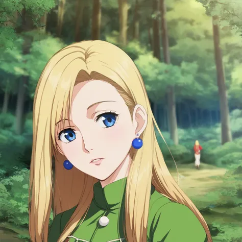 One girl, High resolution, Long Hair, blue eyes, Blonde, Earrings, In the forest、Ghibli style、far and near method, Background blur, 