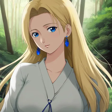 One girl, High resolution, Long Hair, blue eyes, Blonde, Earrings, In the forest、Ghibli style、far and near method, Background blur, 