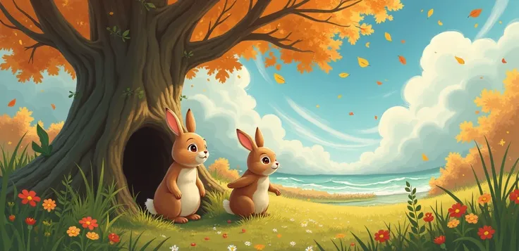 Story:
Rori the rabbit, seeing the storm, rushes to find shelter. She invites Squibble the squirrel, to come with her, but he refuses, not wanting to leave his acorns behind.

Illustration:
Rori waving from the entrance of a burrow as Squibble shakes his h...