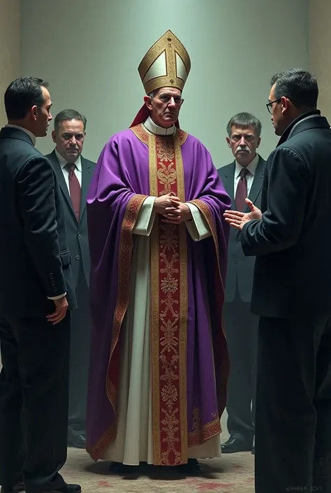 The Pope in purple and scarlet robes talking to several drug traffickers.