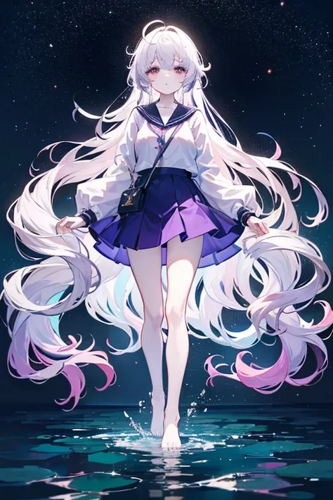 Light purple gradient hair,Asymmetrical hair,（（Very fluffy hair 1.8，Clear head outline 1.5））， 齐肩Long hair, Messy hair, Very long hair, Shiny hair，(Long hair:1.2),beautiful girl，Gorgeous purple mini skirt，Big goals，，(看起来很sad，pale，sad，housing：1.2） Against th...