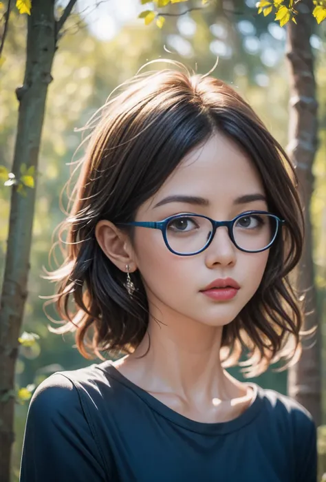 a punk girl wearing glasses and a black shirt, blurred blue grass and trees in the background, short brown hair, extremely detai...