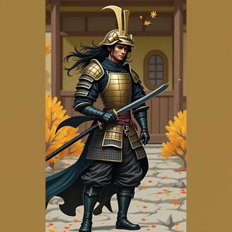 A samurai in golden armor with a katana was sitting in a gazebo near an old house, autumn red and yellow leaves were flying from the trees, golden autumn is a beautiful time, he was waiting for his evil spirit to challenge him to battle, his black hair was...