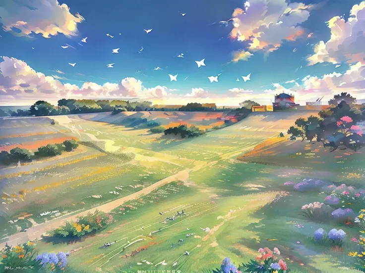 grassland、blue sky、Butterflies and flowers fluttering、Fantastic landscape、Dilapidated atmosphere、Clean up fine lines