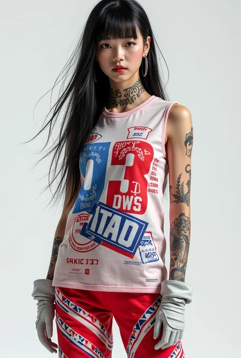 The Korean has long hair and in the image he is wearing a sleeveless T-shirt with a graphic design that includes text and numbers., predominantly in red colors, white and blue. The pants match the shirt, with similar colors and design elements, including s...