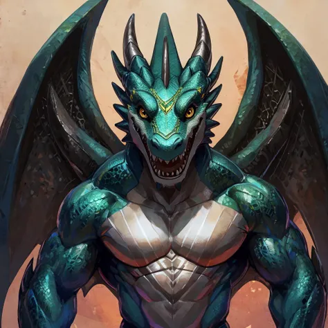 intricate detailed anthropomorphic dragon, male, non-realistic, green scaly skin, black wings, facing the viewer, relaxed pose, open mouth, black hair, simple background, yellow eyes, sharp teeth, well built body