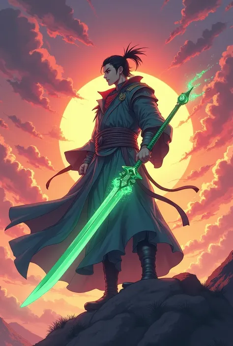 A man uses a magic sword, wearing a magician-like outfit. The sword is slightly transparent and made of emeralds. The shape of the sword is like a katana. Standing and looking at the sunset. Japanese anime image.