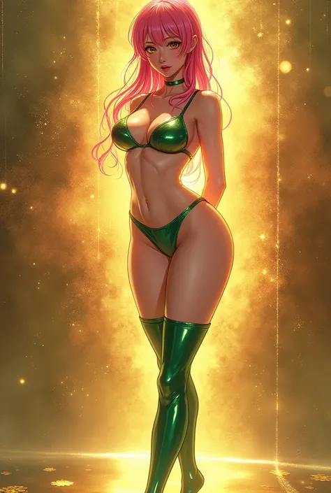 Create an abstract creative arts design, (inspired by the art of Moebius), little Mitsuri Kanroji in a metallic green micro bikini, (Mitsuri Kanroji), perky round breasts, full body, (anime), manga, sexy, sparkles, ((Glitter Dust)),dynamic shadows, masterp...