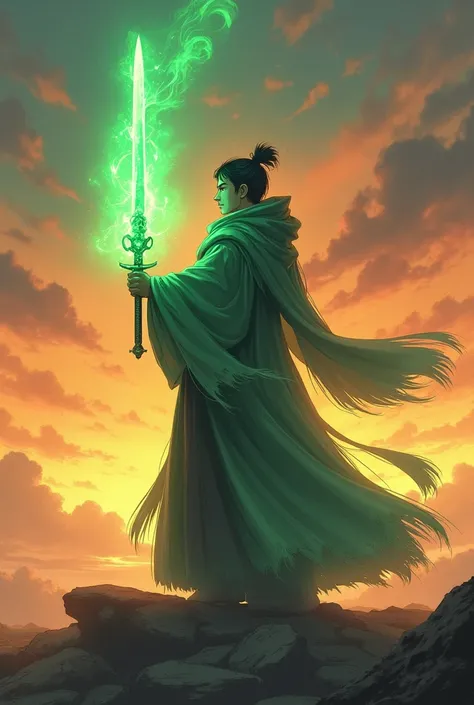 A man uses a magic sword, wearing a magician-like outfit. The sword is slightly transparent and made of emeralds. The shape of the sword is like a katana. Standing and looking at the sunset. Japanese anime fantasy.