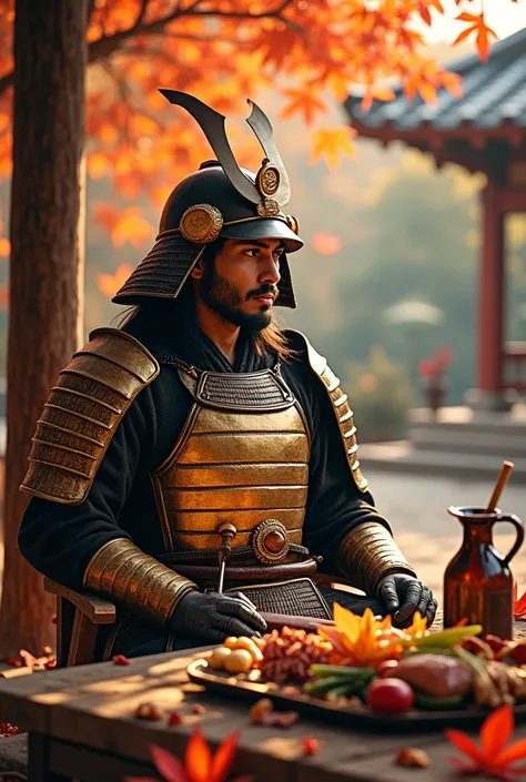 A samurai in golden armor with a katana was sitting in a gazebo near an old house, autumn red and yellow leaves were flying from the trees, golden autumn is a beautiful time, he was waiting for his evil spirit to challenge him to battle, his black hair was...