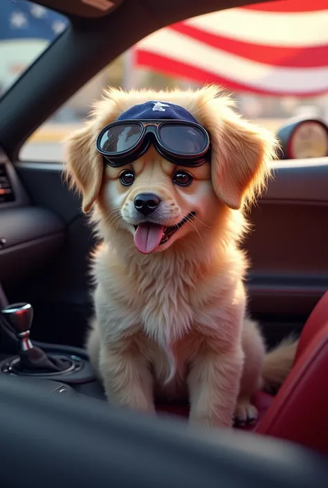 A cute dog sitting in 
super car with usa flag
