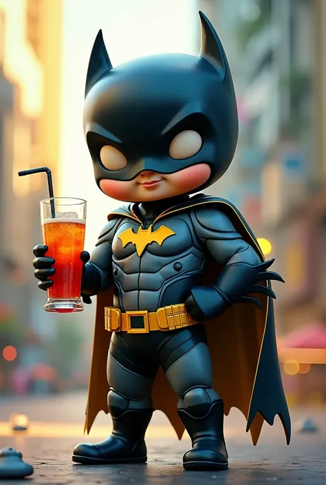 a character in the shape of a dr. a glass of guaravita drink in a batman uniform