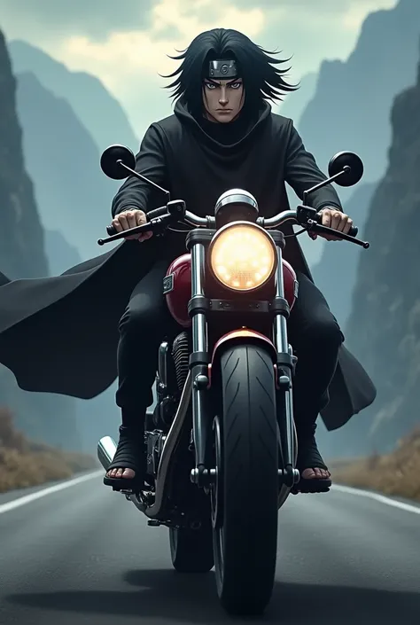 Itachi uchija from the anime naruto riding a motorcycle