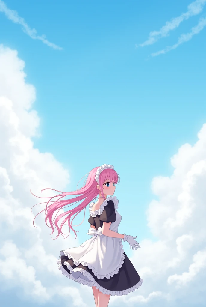 Under the sky，maid，White Gloves，Pink long hair anime girl￼￼￼