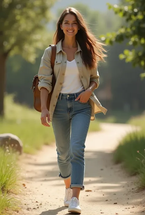 A woman who is easygoing, clean, smart, dresses in a casual look, is confident, washes her hair every day, and walks with her hair flowing. 