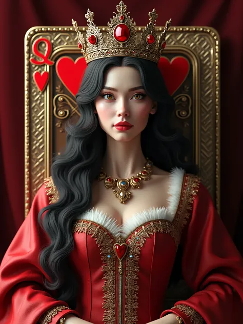 A Queen of Hearts playing card, front view, high detail, high pixel C4D rendering.