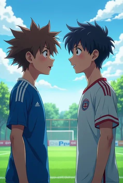 detailed portrait of a teenage boy Tsubasa Ozora And Kojiro Hyuga with spiky brown hair, wide brown eyes, sharp facial features, wearing a blue and white soccer jersey, standing on a soccer field with another teenage boy with short dark hair and a determin...