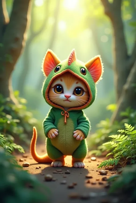 Cute kitten、Standing upright on two legs、Chameleon costume、Forest background、3d、Illustration