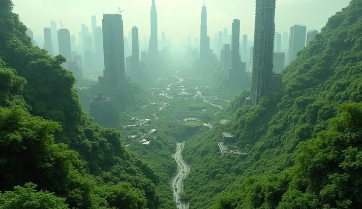 an abandoned future city , a view from the sky , very wide shot , 15 mm camera , with a lot of green , 