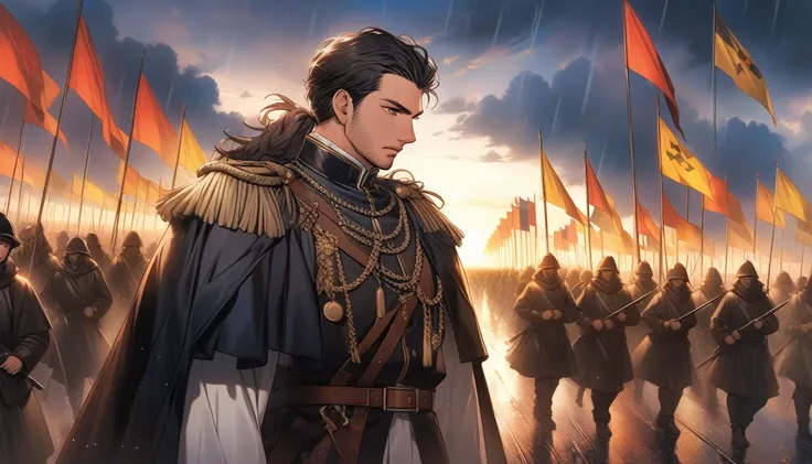 Modern anime style. Cold gaze. A chubby male with black hair tied up in a ponytail, brown eyes and a stubble. He is the grand general of a medieval german kingdom, prussian clothing, germanic simbolism, he is wearing a military outfit, medals, a detailed r...