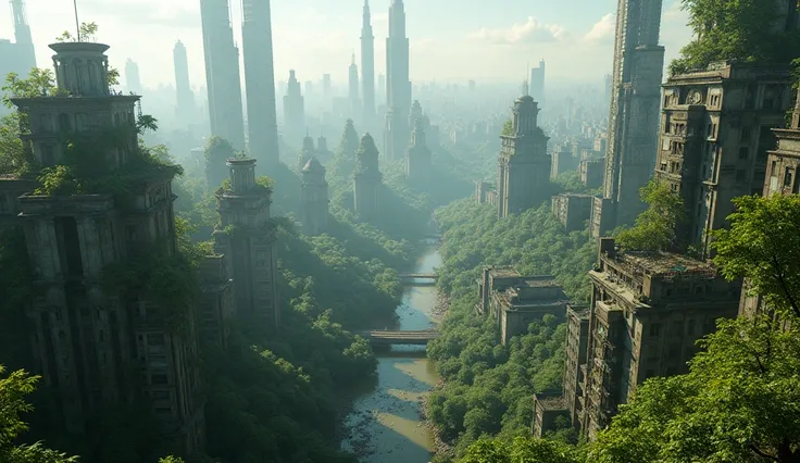 an abandoned future cyberpunk city , a view from the sky , very wide shot , 15 mm camera , with a lot of green , 