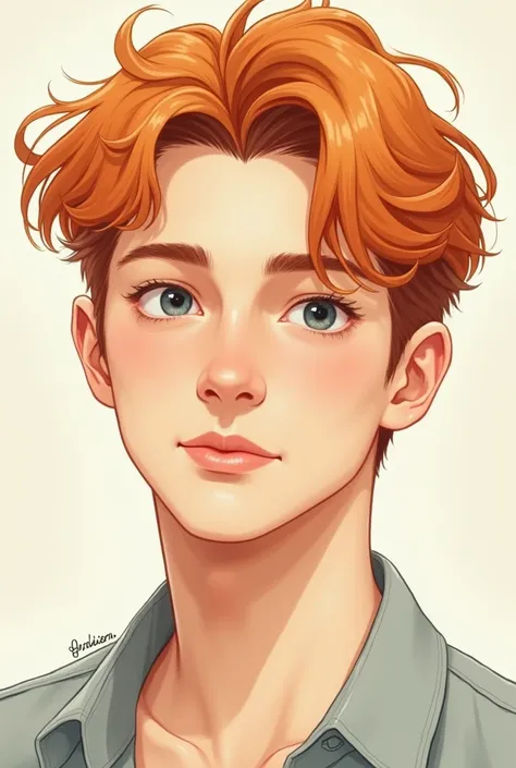 Create the profile face of a young adult in his 20s with short orange hair on the sides.
His face is quite youthful.
The image is a drawing