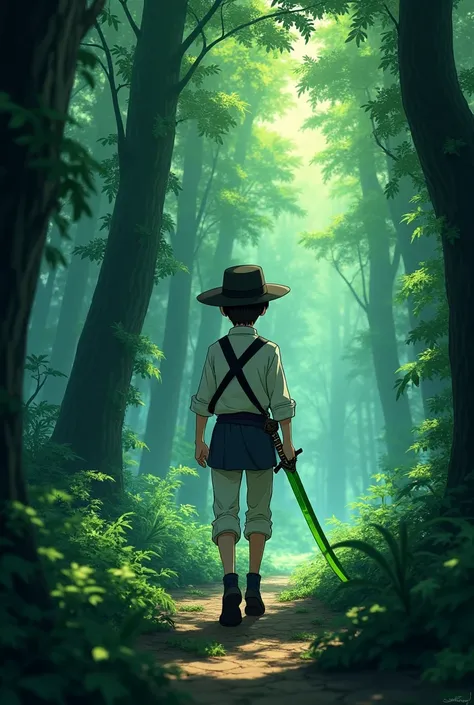 A  boy uses a magic sword, wears an adventurer&#39;s outfit, the sword is very clear made of emerald, wears a black hat, a white shirt, white pants, black shoes, the shape of the sword is like a katana, walking in the forest, the view is seen from behind, ...