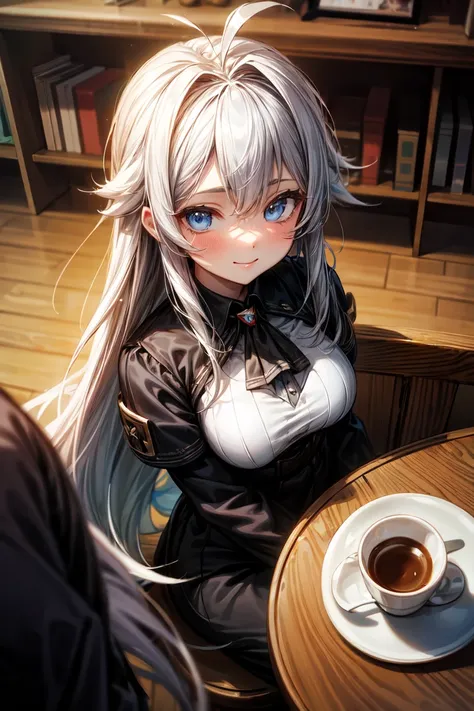 (ultra quality:1.3), masterpiece, best quality, (highly detailed), absurdres, sfw, Illustration, from above, looking at viewer, 1girl, solo focus, smile, blue eyes, white hair, messy hair, very long hair, hug breasts, red top, coffe shop, coffee and sweets...