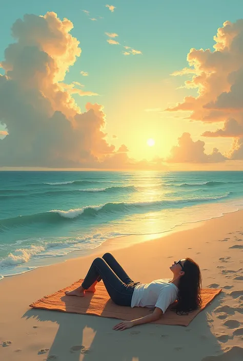 The image depicts a peaceful beach scene at either sunrise or sunset, with the sky displaying a mix of golden and grey clouds. The ocean has gentle waves and a blue-green hue, reflecting the dim light from the sky. In the foreground, on the sandy beach, a ...