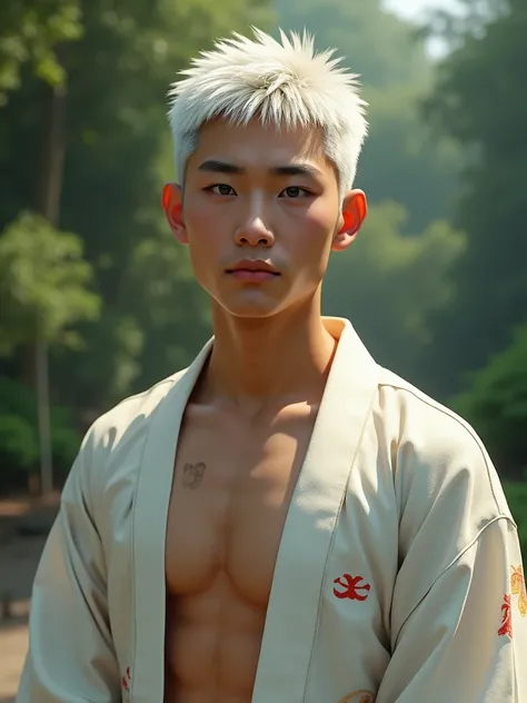 A young man of 20 years old, very short white hair, collarbone, per body, white hair, Japanese clothes, open clothes, realistic.