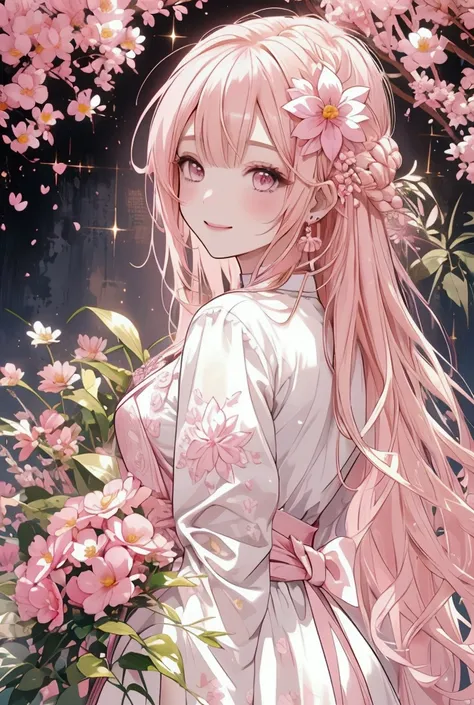 High resolution, Abstract art, Radioactive painting, Masterpiece, quality, (นางฟ้าpink) 1 woman, beautiful face, smiling, be happy, ตาpink, Long hair, Blonde hair, Hair flower(pink) ใส่ชุดกระโปรงpinkสไตล์เจ้าหญิงฝรั่งเศส มีปีกpinkแบบปีกนก แสงวิบวับ, Mosaic...