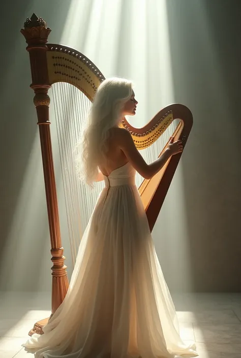 a beautiful mature woman in front of the camera, with long  white hair, partially naked body covered with a thin white chiffon sheet, illuminated by a beam of light from behind. standing taken from behind and playing the harp. She had her eyes closed and w...