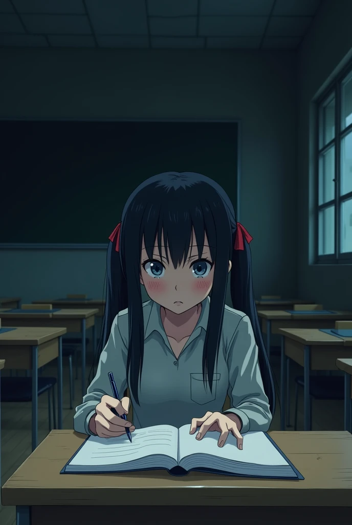 In anime version/manga
"In the foreground, A girl of about  appears with a serious, half-dejected expression while she sweats from nerves. His face is tense, reflecting the anxiety of the moment. He has black hair, Long and straight, decorated with red rib...