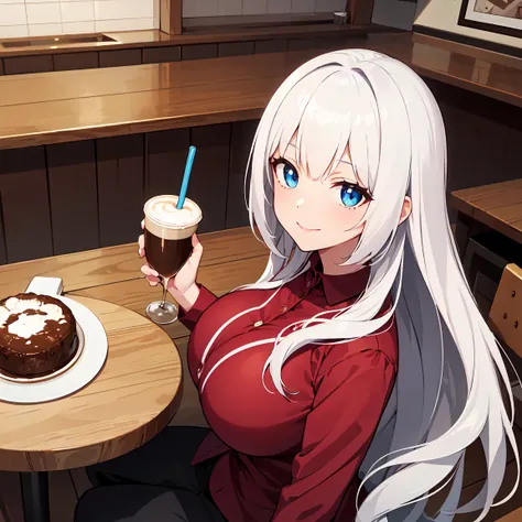 Illustration, from above, looking at viewer, 1girl, solo focus, smile, blue eyes, white hair, messy hair, very long hair, huge breasts, red blouse, coffe shop, coffee and sweets, table, sitting on chair, (anime screencap), (ultra quality:1.3), masterpiece,...