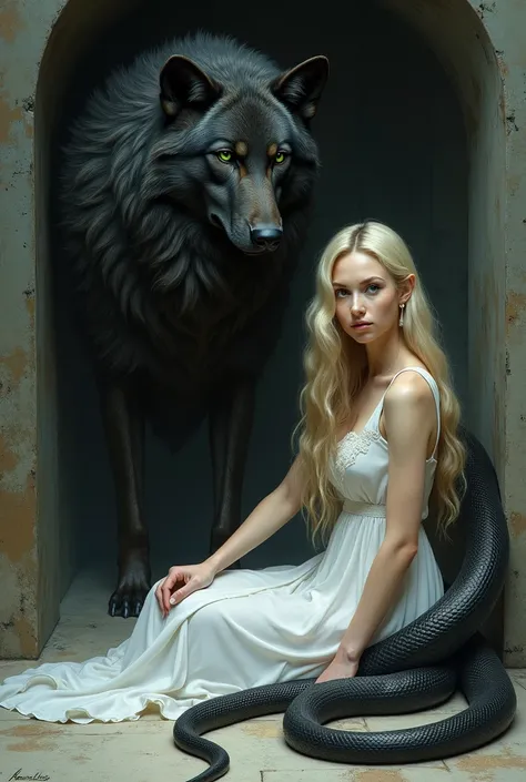 A COVER FOR MY BOOK, WITH A woman with blonde hair, white dress back sitting on the floor. With a beautiful snake on its spine in black and a wolf looking at it with black fur and green eyes above, very realistic