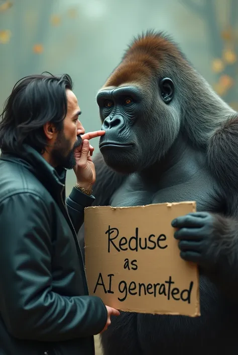 Keanu Reeves inserting a pinky into the nostril of a gorilla holding a sign that says AI-generated image, Any relationship with reality is mere coincidence