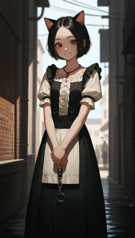 Anime Style。Cute girl child。。cowboy shot。forehead。a realistic extremely detailed portrait of a girl with short black hair, cat ears,Being thin,Slender body。 realistic skin, Black Skirt。Wearing a gothic red silk dress。Chain Accessories。smile。Standing in a m...