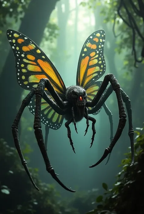 Butterfly  and spider fusion in Amazon jungle with dark mystery background 