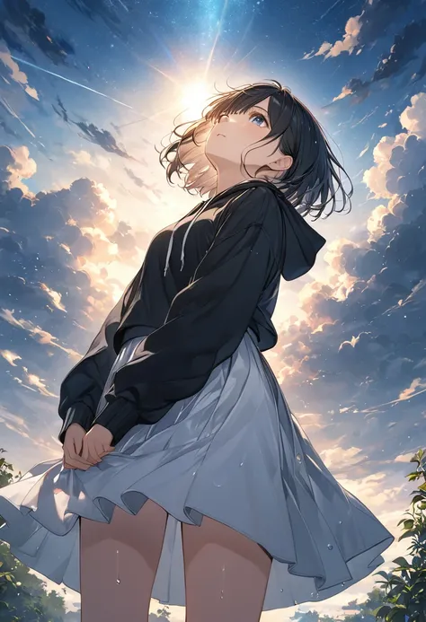 anime、((Amazingly absurd)),(masterpiece:1.2),超High resolution, Attention to detail, high quality, High resolution, 最high quality, 4K, 8k、Crying girl、A girl looking up at the sky and raising one hand to the sky、Dark sky with thick clouds、The sunshine shinin...