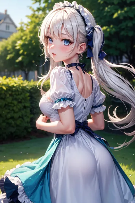 A beautiful girl in a light blue Lolita dress looking at flowers, a beautiful garden, trees, clear sky, short sleeves, ruffled dress, innocent look, view from behind, she turns back, big rounds breasts, white hair, blue bangs, hair intakes, long hair, twin...