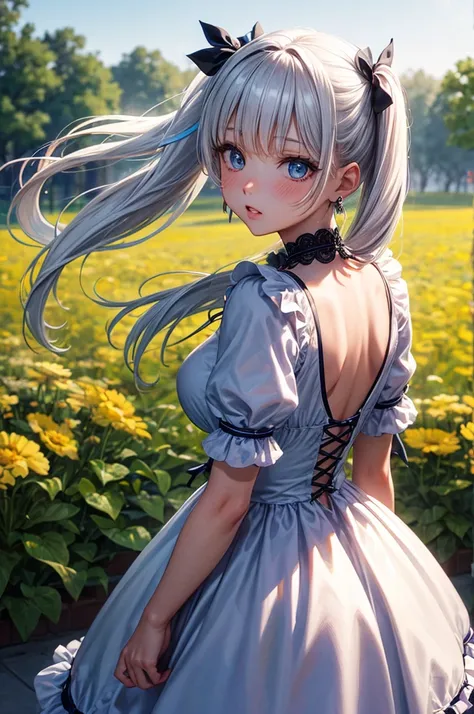 A beautiful girl in a light blue Lolita dress looking at flowers, a beautiful garden, trees, clear sky, short sleeves, ruffled dress, innocent look, view from behind, she turns back, big rounds breasts, white hair, blue bangs, hair intakes, long hair, twin...