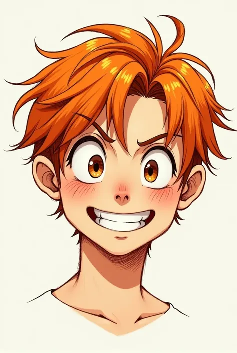 Create the face of a 20-year-old teenager with messy, multi-toned orange hair cut short on the sides.
The image is a drawing. His expression is quite playful.
