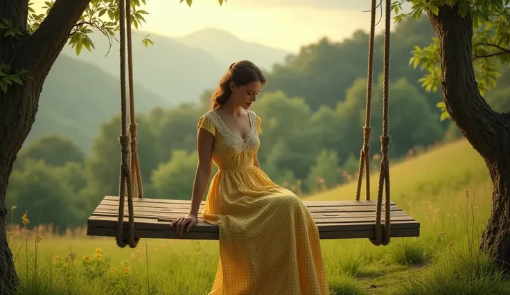 This image depicts a woman sitting on a swing amidst lush green nature. She is wearing a long yellow gingham dress with white lace detailing on the chest, giving the outfit a vintage, rustic feel that complements the outdoor setting. The swing is made of a...