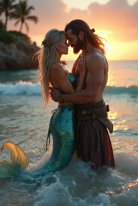 Make a wallpaper of a mermaid kissing a pirate on the mouth, out of the water 
