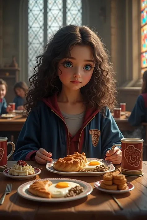 A  girl with dark brown curly hair and blue eyes having breakfast at Hogwarts