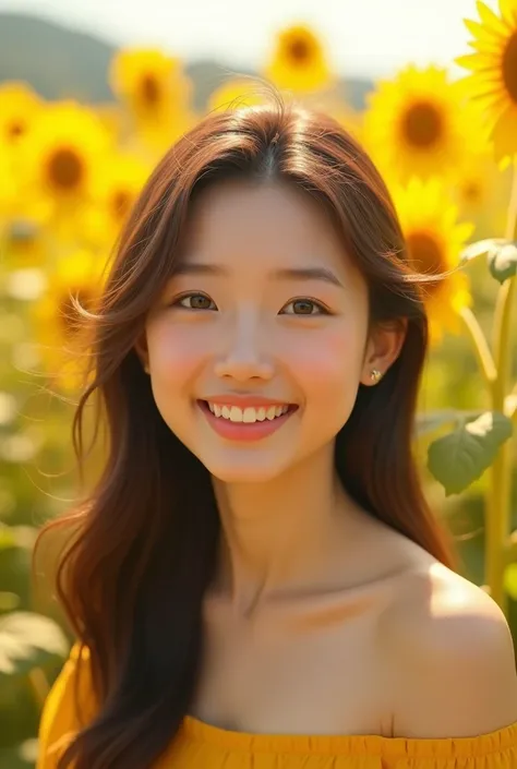 Beautiful Chinese girl, cheerful, sunflower 