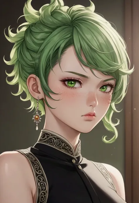 asian high school girl, focus on eyes, close up on face, pouting, wearing jewelry, apple green color hair styled Faux Hawk with Curly Hair, freckled face, slender, pale, shiny skin, anime, manga, 
