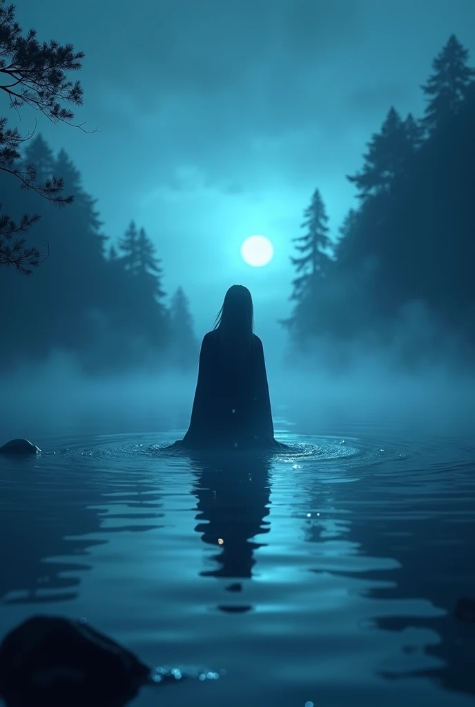 Book cover of a person emerging from a lake at night, that it is an animated image and not so realistic
