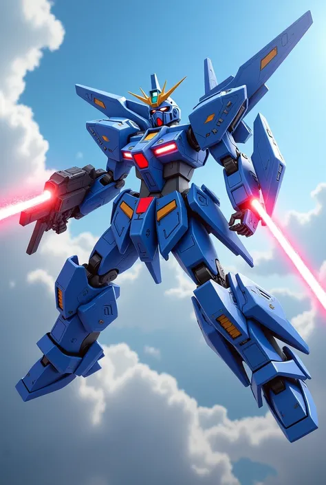 Blue Gundam flying through the air shooting laser rifle 